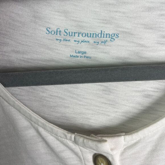 Soft Surroundings Blouse Large White Henley 4 Button Pullover Roll Tab Sleeve - Picture 5 of 10